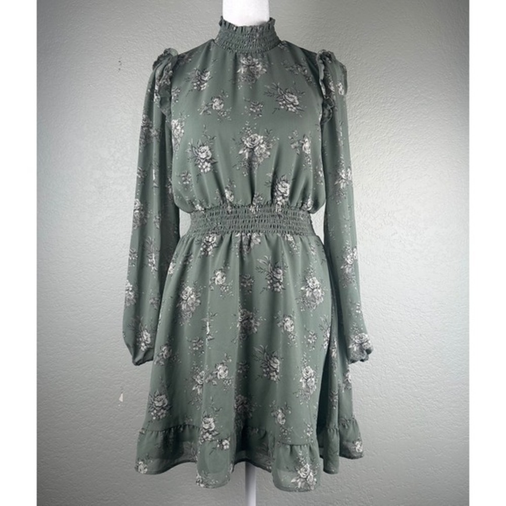 Forever 21 Mini Dress Sz S Floral Sage Green Smocked Waist Mock Neck Long Sleeve